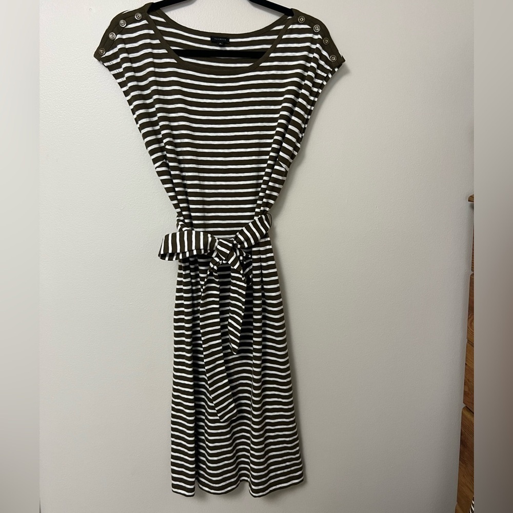 Talbots, olive green Chirping Stripe Belted Knit Nautical Shift Dress, Size M
